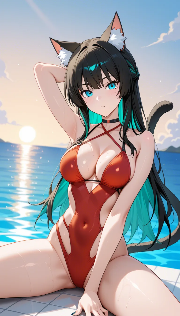 highly detailed, sharp, catgirl, poolside pose, spread legs, mole, ocean, vivid anime colors, hentai_studio_quality