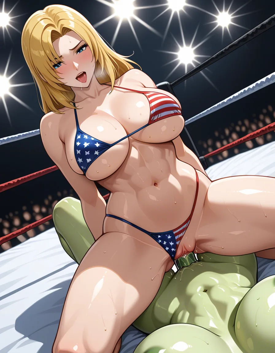 2girls yuri sex, shego-light-green-skin , tina_armstrong_(DOA) blonde_hair American-flag-bikini , wrestling_ring, pussy_juice cumming, strapon , vaginal_object_insertion, cowgirl_position,, hentai_studio_quality, hentai_studio_quality