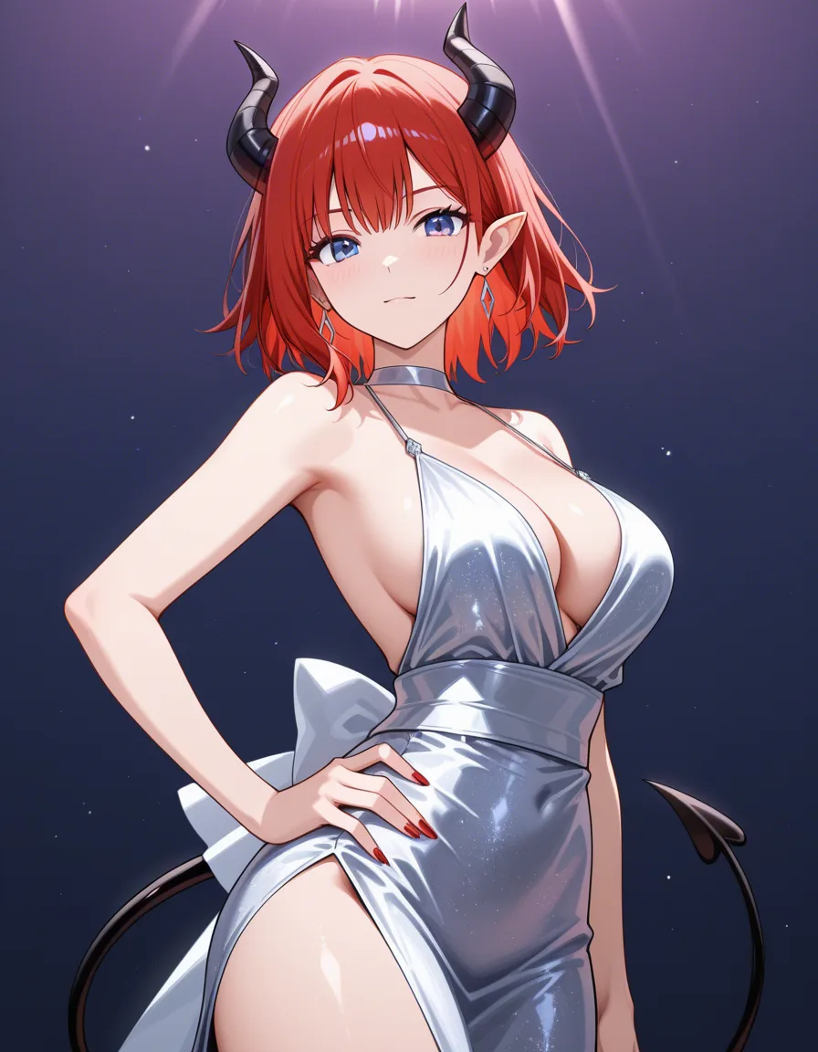 highres, vivid, demon girl, hand on own hip, cocktail dress, topless, tender moment, vivid anime colors, hentai_studio_quality