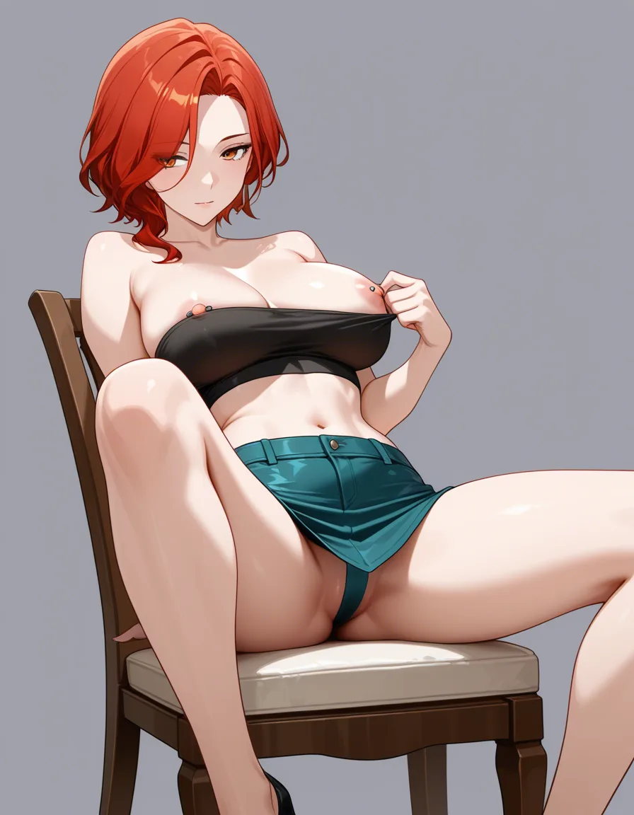 1girl, mature_female, full_body, red_hair, short_hair, medium_breasts, athletic_figure, pulling_own_clothes, one_breast_out, nipple_piercing tube_top, miniskirt, no_bra, no_panties, sitting, on_chair, spread_legs, simple_background, masterpiece, soft_cel_shading,, hentai_studio_quality