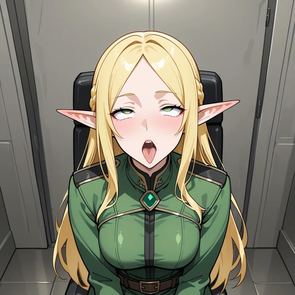 absurdres, highres, elf girl, belt, ahegao, dominant stare, detailed shading mature_female, hentai_studio_quality
