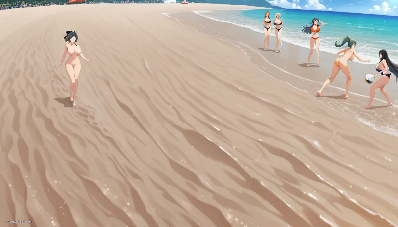 Volleyball, beach, Senran kagura, completely_nude , group of women
