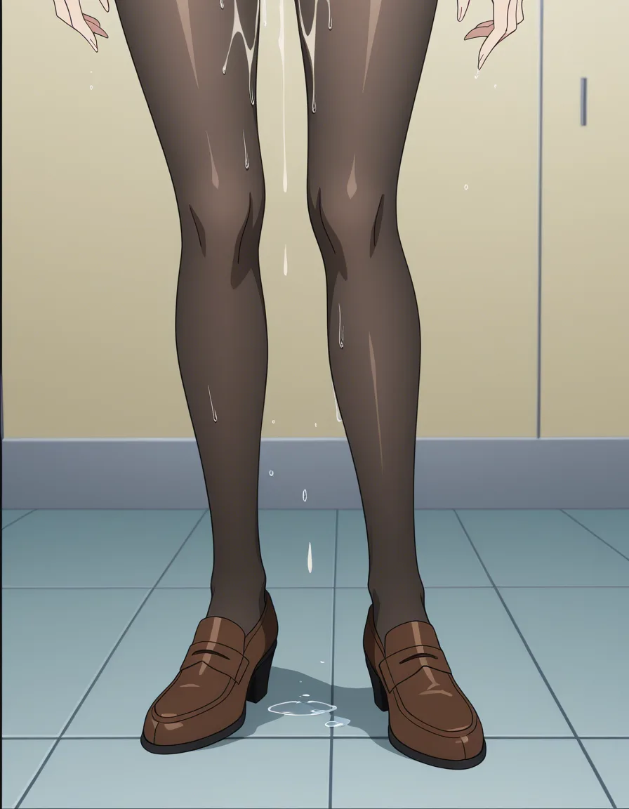 best quality, explicit detail, solo focus, brown footwear, pantyhose, wet pussy, manga panel look, (anime style:1.3), 2d, anime screencap, cel shading, flat color