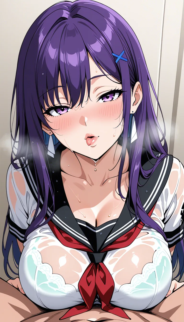 2 japanese styled anime adult girls, 1 girl  sucking lips of jer senior against the wall, wet kissing