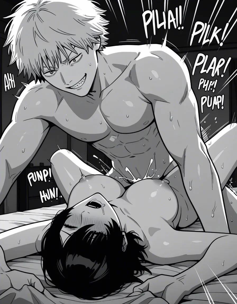 Masterpiece, best quality, ultra-detailed, cel shading, doujinshi, full color, Japanese sound effects, Chainsaw Man, medium shot, 1 man and 1 woman, man fucking woman, Denji and Himeno, prolonged sex scene, Denji, grin, pinning down, missionary position, vaginal penetration, thrusting, ejaculation, rough, gripping and holding down, Himeno, woman resisting weakly, torn clothes, semi-nude, moaning, drool from mouth, mouth half-open, apartment bedroom, night, cinematic lighting, (speed lines), hentai_studio_quality