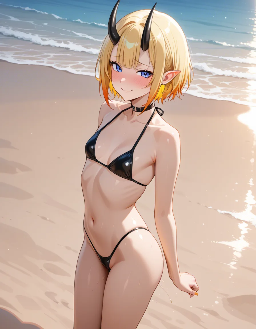 highres, vivid, solo female, standing, horns, anal sex, beach, shy smile, hentai style, otoko_no_ko, hentai_studio_quality