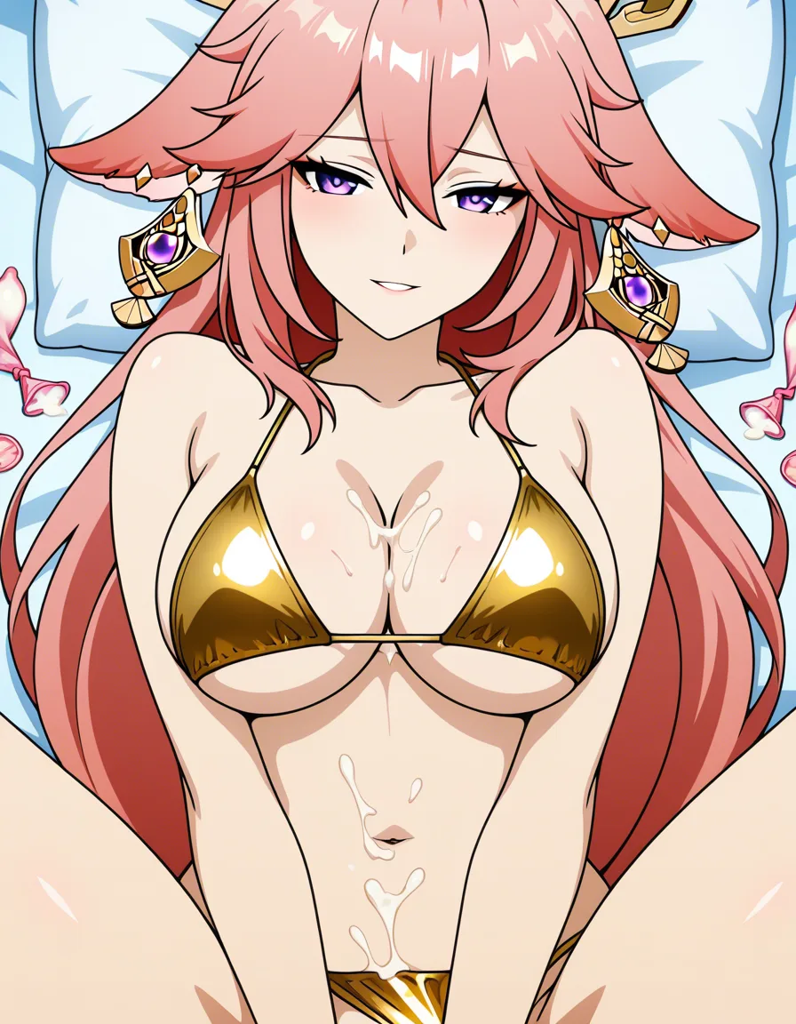 Yae Miko, missionary, full of cum, wearing a golden bikini, used condom, hentai_studio_quality #pov, (anime style:1.3), 2d, anime screencap, cel shading, flat color