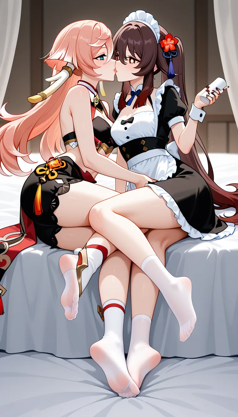 @hu_tao_(genshin_impact) @yanfei_(genshin_impact) #choker #maid #feet #feet #foot_focus #handjob Yandei #riding Hu Tao and kiss her lips #2girls #socks, hentai_studio_quality, hentai_studio_quality
