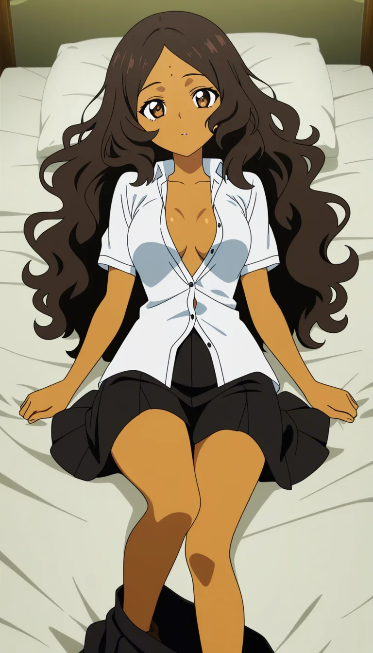 comicbook style, masterpiece, best quality, very awa, grandiose, clean lines, inked, screentone shading, 
nsfw, 1girl, solo, indian girl, long black wavy hair, brown eyes, fair brown skin, light bindi, 
removing white college shirt and dark skirt, shirt unbuttoned and slipping off, skirt falling down around ankles, 
then completely nude, naked, lying on bed on her back, looking at viewer with soft expression, 
bedroom, soft lighting, detailed body, detailed face, high quality, (anime style:1.3), 2d, anime screencap, cel shading, flat color, @00osamio00