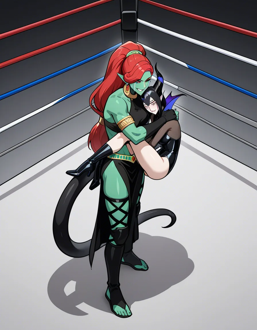 2girls_focus , maleficent standing evil_smile foot_on_opponent, urbosa crying on_side on_floor fetal_position, wrestling_ring, hentai_studio_quality