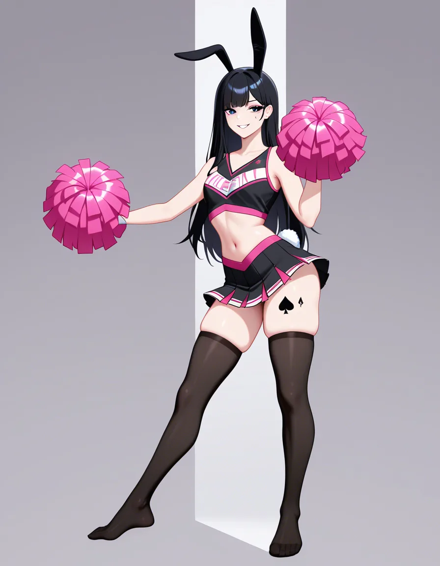 masterpiece, clean art, 1boy, solo_focus , femboy, crossdressing, long_hair, eager , encouraging, goth, black_hair , hand_up , perfect feet , thighhighs, rabbit_ears , rabbit_tail, makeup , thighs , chearleading, perfect anataomy, perfect proportions, spade tattoo on thigh, pom_pom_(cheerleading), happy, cheerleader, standing, chearleading, smile, full_body, hentai_studio_quality