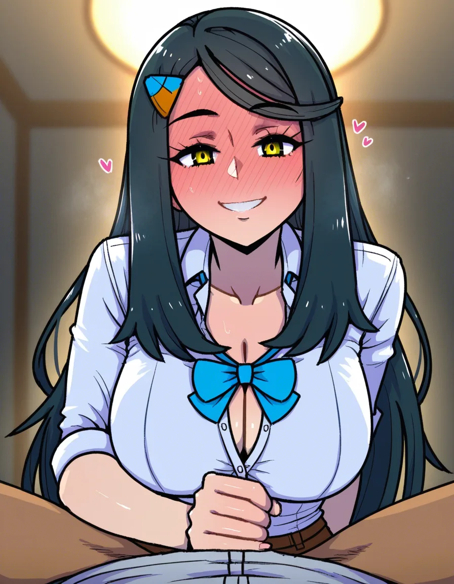#akairiot_artstyle, @candice_(pokemon), pokemon, 1girl, black_hair, hair_down, yellow_eyes, blue_hairclip, collared_shirt, white_shirt, blue_bowtie, cleavage, partially_unbuttoned, large_breasts, full-face_blush, smile, upper_body, handjob, pov, hentai_studio_quality