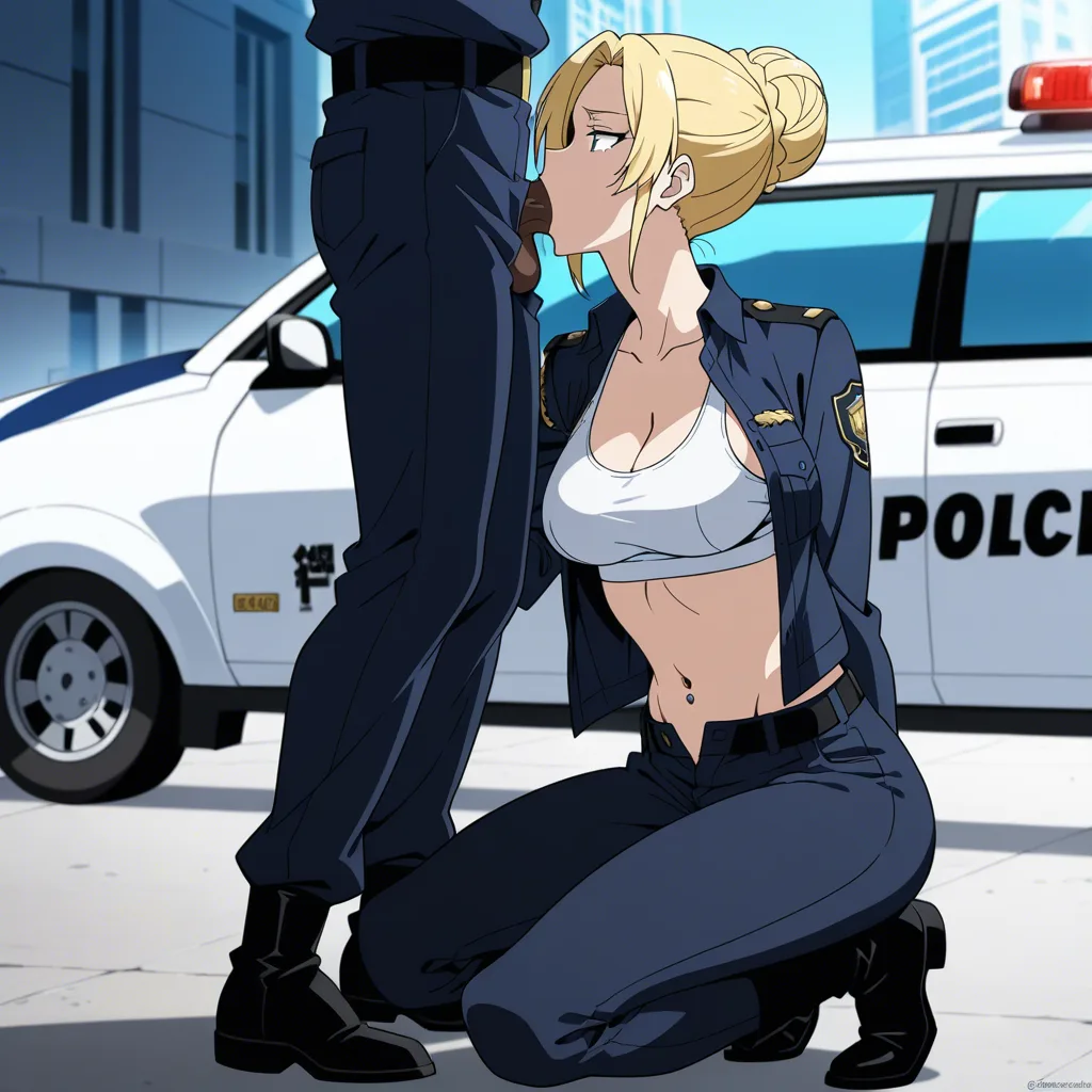 Interracial deepthroat blowjob. Mature_female, blonde hair in loose bun, navel piercing, wearing an unbuttoned police uniform, white sports bra, dark uniform pants, and black work boots, kneeling, blowing a police officer with a large penis. He cums in her mouth and she swallows. Outside, in front of police car. Backlit, photorealistic, sharp focus