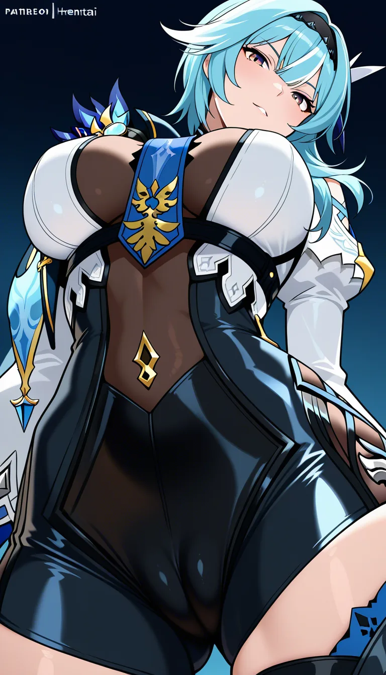 /masterpiece_absurdres /ultra_detailed, Eula Lawrence, Cameltoe, from Below, medium body build ,Haughty friendly face. No hentai_studio_quality,, hentai_studio_quality