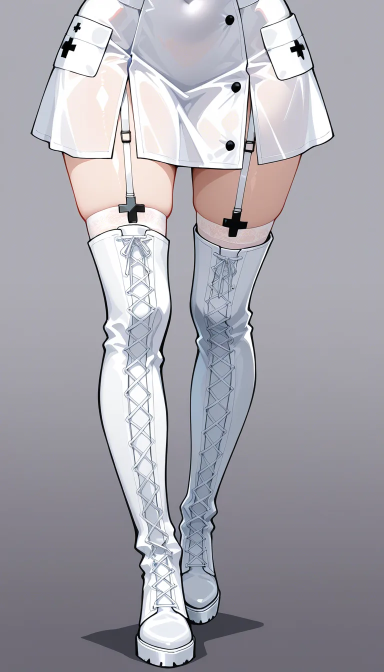 ultra HD, lifelike, nurse, thighs, boots, stripping, gradient background, 8k uhd photo