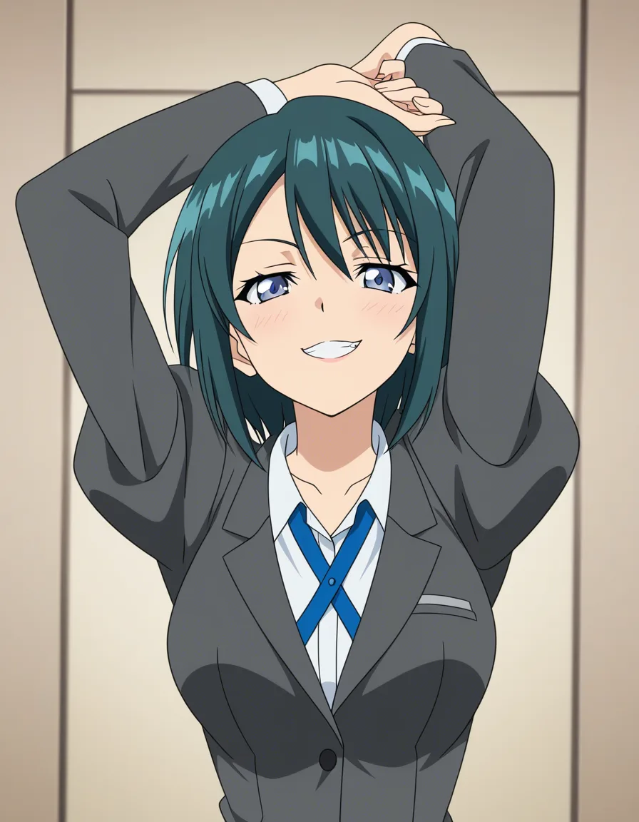 absurdres, highres, office lady, arms up, puffy sleeves, presenting, teasing grin, visual novel art, (anime style:1.3), 2d, anime screencap, cel shading, flat color