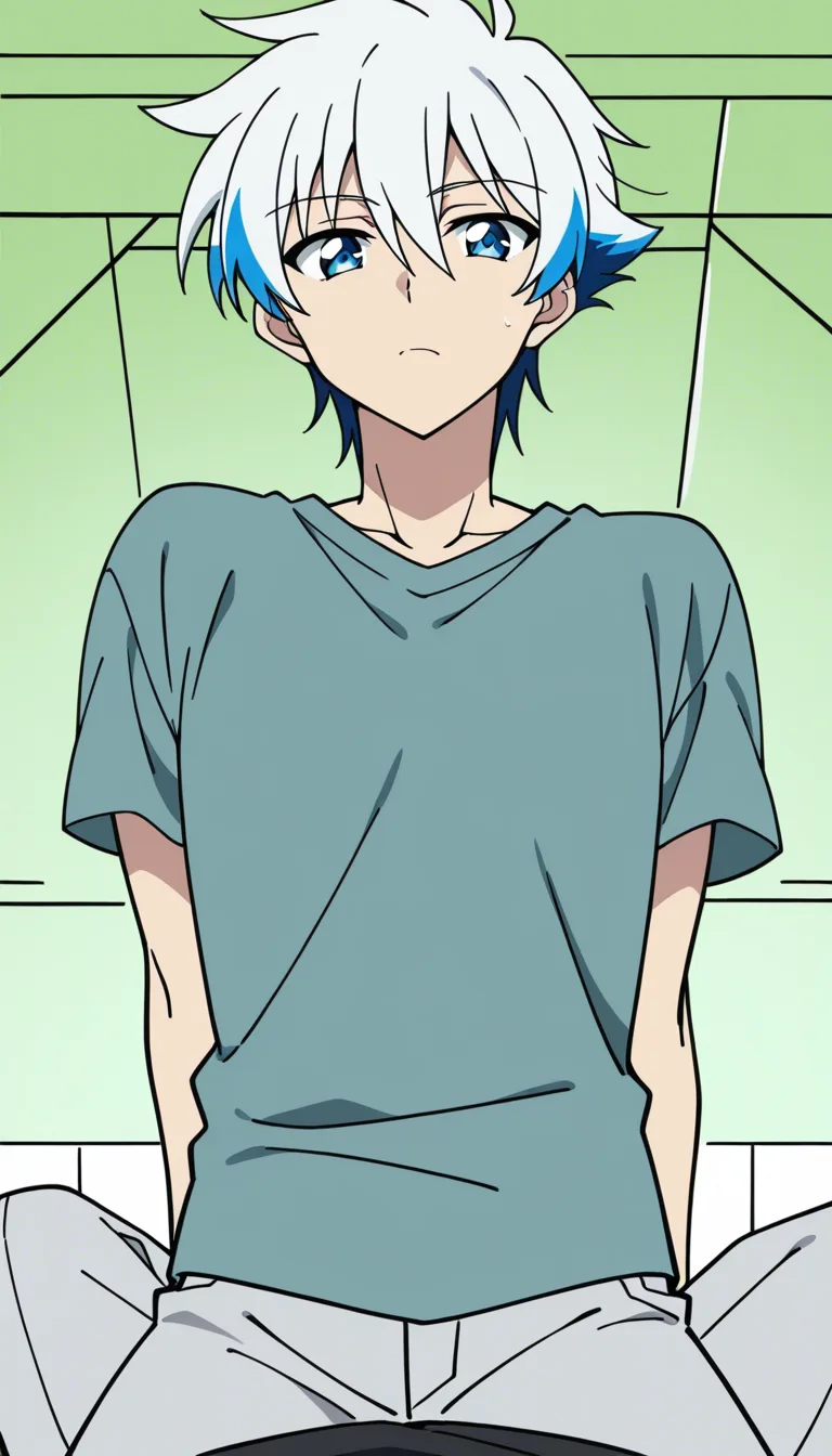 best quality, intricate details, male focus, standing, multicolored hair, shirt, reverse cowgirl, day, POV, volumetric light, manga aesthetic