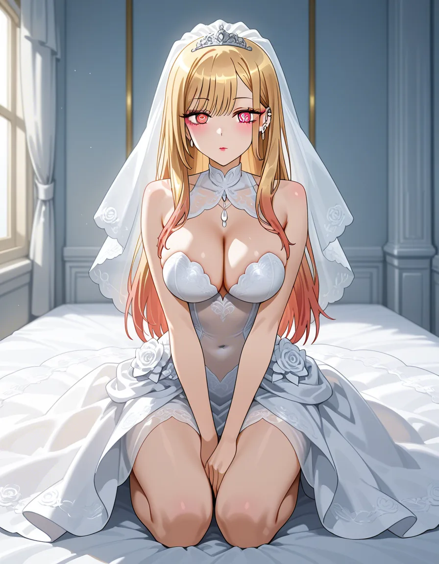 /ultra_detaile @kitagawa_marin #wedding_dress #@_@ #lingerie #expressionless #makeup #lipstick #parted_lips #kneeling, hentai_studio_quality