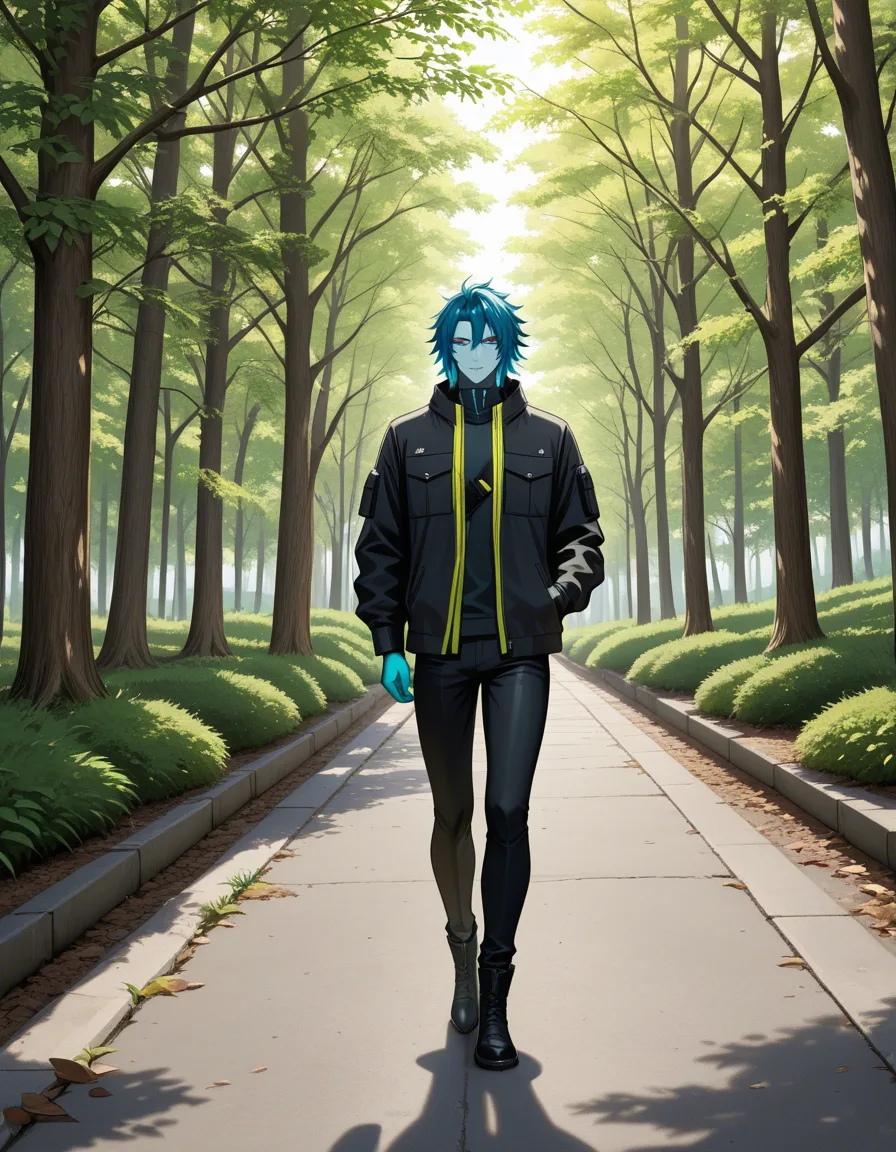 cinematic photo, 8k, 1boy, colored skin, jacket, futanari, outdoors, walking, @makise_kurisu, hentai_studio_quality