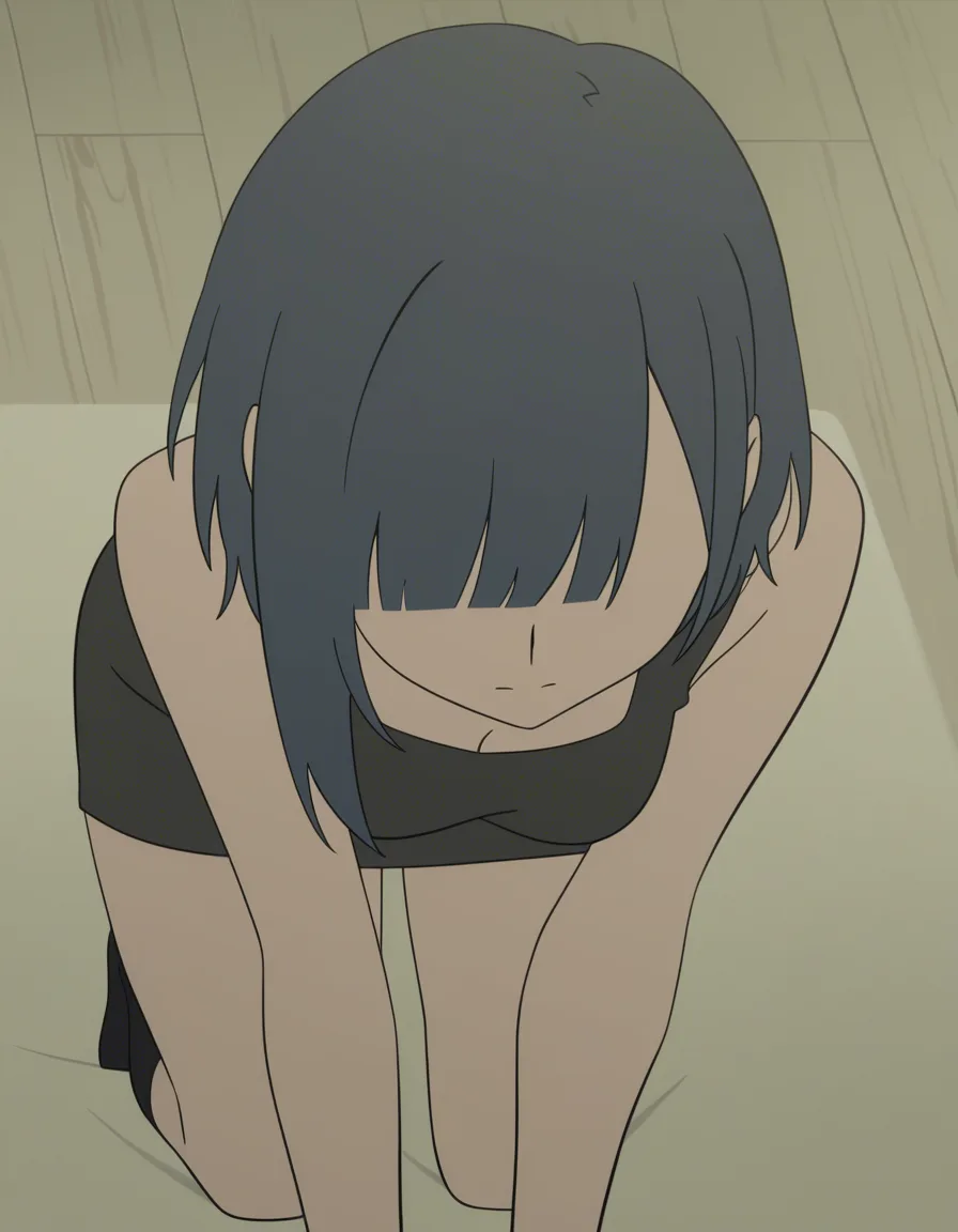 masterpiece, best quality, 1 yuri , sleeveless, on all fours, mysterious vibe, anime style, fpov, (anime style:1.3), 2d, anime screencap, cel shading, flat color