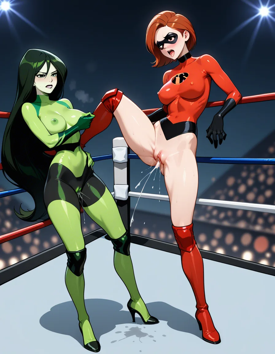 2girls , wrestling_ring , strapon , elastigirl_(incredibles) auburn_hair , shego , sex defeated ,cumming pussy_juice ,, nipple_tweak, hentai_studio_quality
