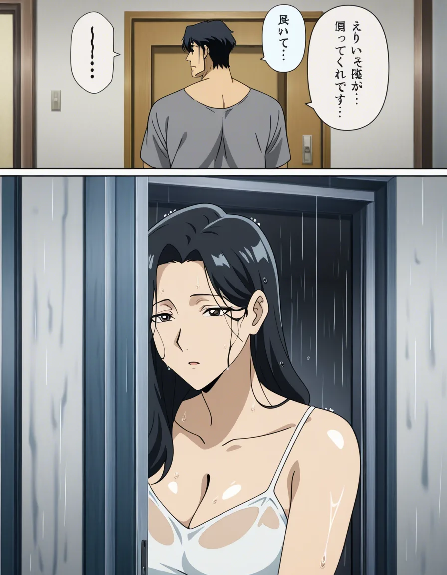 1man 1woman ages 30-33, mature woman chestnut shoulder-length hair white camisole opening apartment door, wet mature man age 33 short black hair grey shirt standing outside dripping rain, colorful erotic manga, adult faces, developed adult bodies, no speech bubble, no dialogue balloon, no text, normal anatomy, (anime style:1.3), 2d, anime screencap, cel shading, flat color, @00osamio00