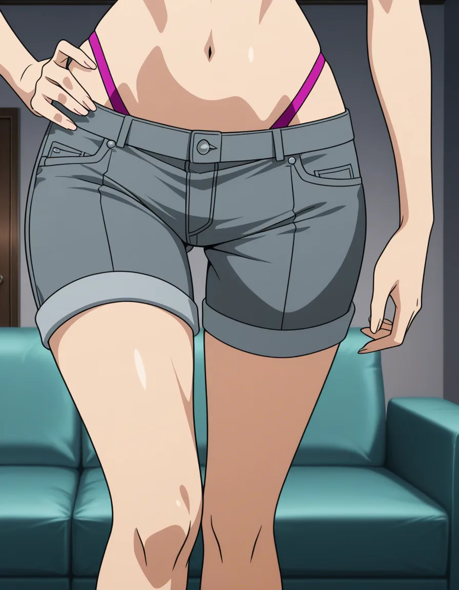 close-up hip, mature woman age 30, adult body, developed hips, ultra short grey hot pants, pink thin t-back panty strap visible at side hip, chestnut brown hair edge, living room night, colorful erotic manga, single panel, no speech bubble, no text, normal anatomy, (anime style:1.3), 2d, anime screencap, cel shading, flat color, @00osamio00