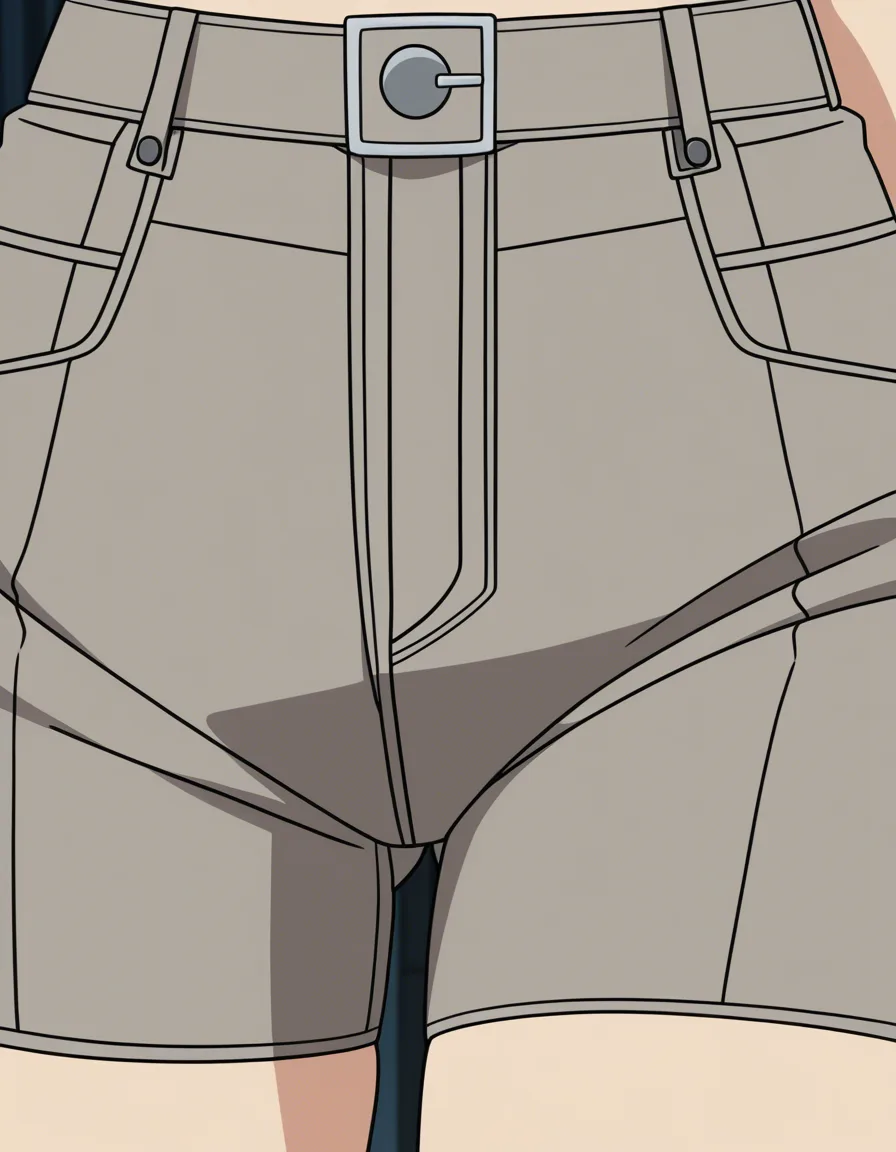 close-up, solo, mature woman, age 30, adult, developed hips, chestnut brown hair, pulling down grey hot pants, pink thin t-back panties visible, colorful erotic manga, normal anatomy, apartment night, (anime style:1.3), 2d, anime screencap, cel shading, flat color, @00osamio00