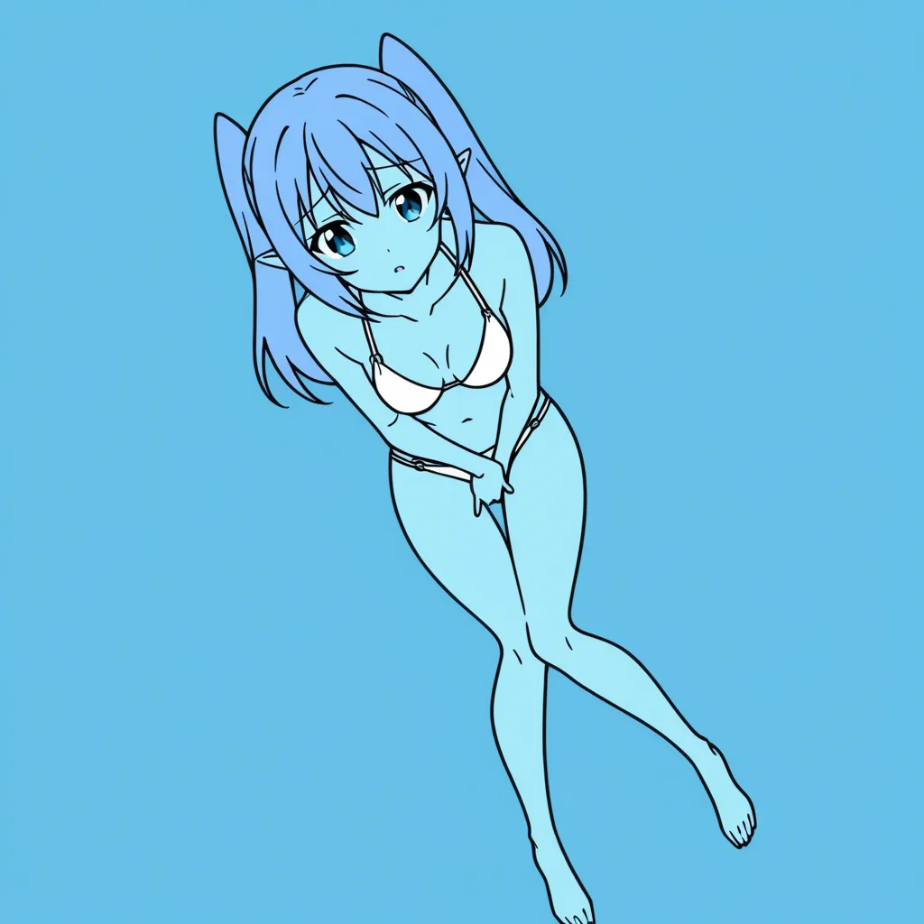 professional photo, high detail, demon girl, petite adult woman, bikini, masturbation, blue background, from above, lifelike render