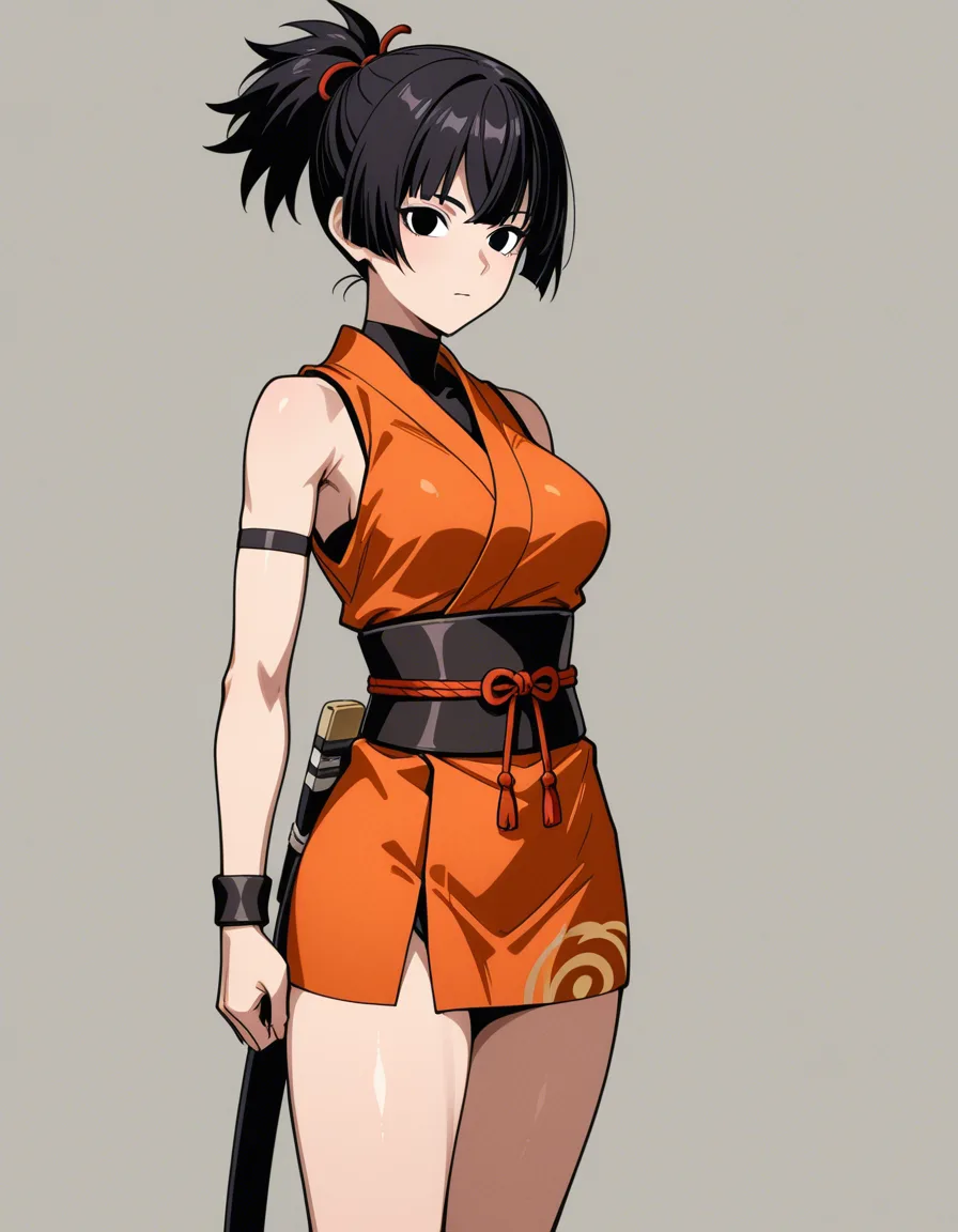 kaede_(onimusha_warloads) female_ninja kunoichi orange_clothes japanese_clothes orange_mini_skirt black_hair short_hair  low_ponytail ponytail_is_short, bare_shoulders   bare_thigh, black_eyes,, hentai_studio_quality