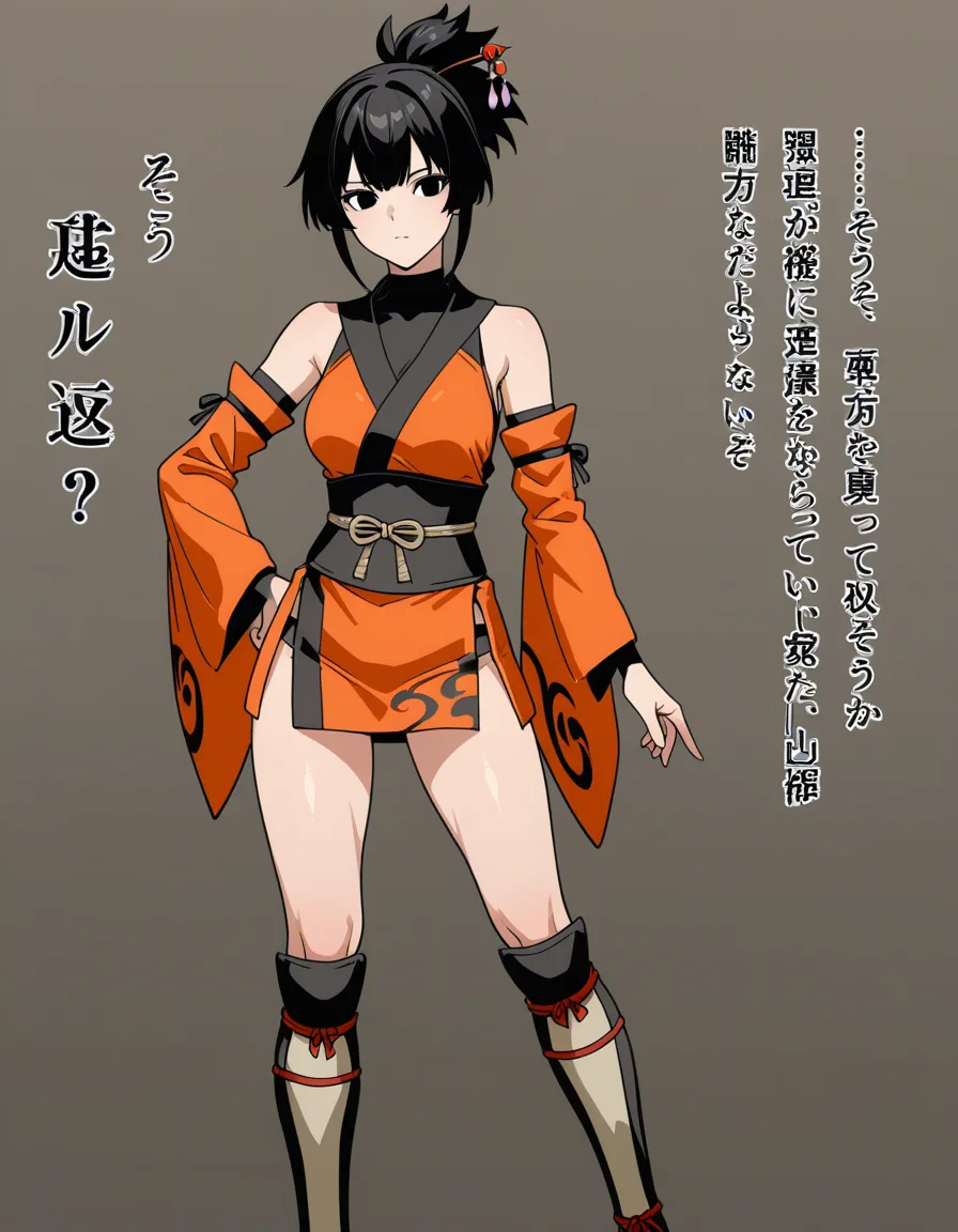 kaede_(onimusha_warloads) female_ninja kunoichi orange_clothes japanese_clothes orange_mini_skirt black_hair short_hair low_ponytail ponytail_is_short, bare_shoulders bare_thigh, highlight_black_eyes,, red_hairpin highthighs, hentai_studio_quality