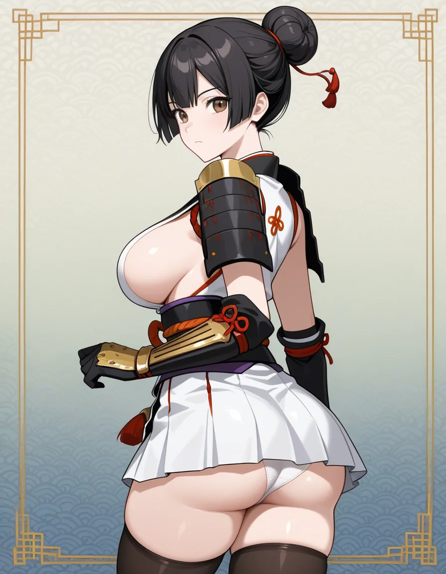 [ohatsu_(onimusha_dawn_of_dreams)] female white_clothes japanese_clothes (white_mini_skirt) black_hair short_hair (hairstyle:high_bun) shoulder_armor bare_thigh, brown_eyes,gauntlet, thighhighs,, large_breasts sideboob upper_body_white_clothes, white_panties  huge_ass, thight_skirt, hentai_studio_quality