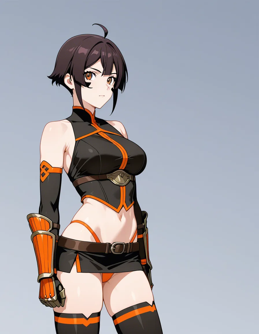 kaede_onimusha female ninja orange_clothes japanese_clothes orange_mini_skirt {black_hair low_ponytail short_hair }, bare_shoulders bare_thigh, brown_eyes,gauntlet, thighhighs, short_sideburns,, highleg_panties orange_panties, hentai_studio_quality, hentai_studio_quality