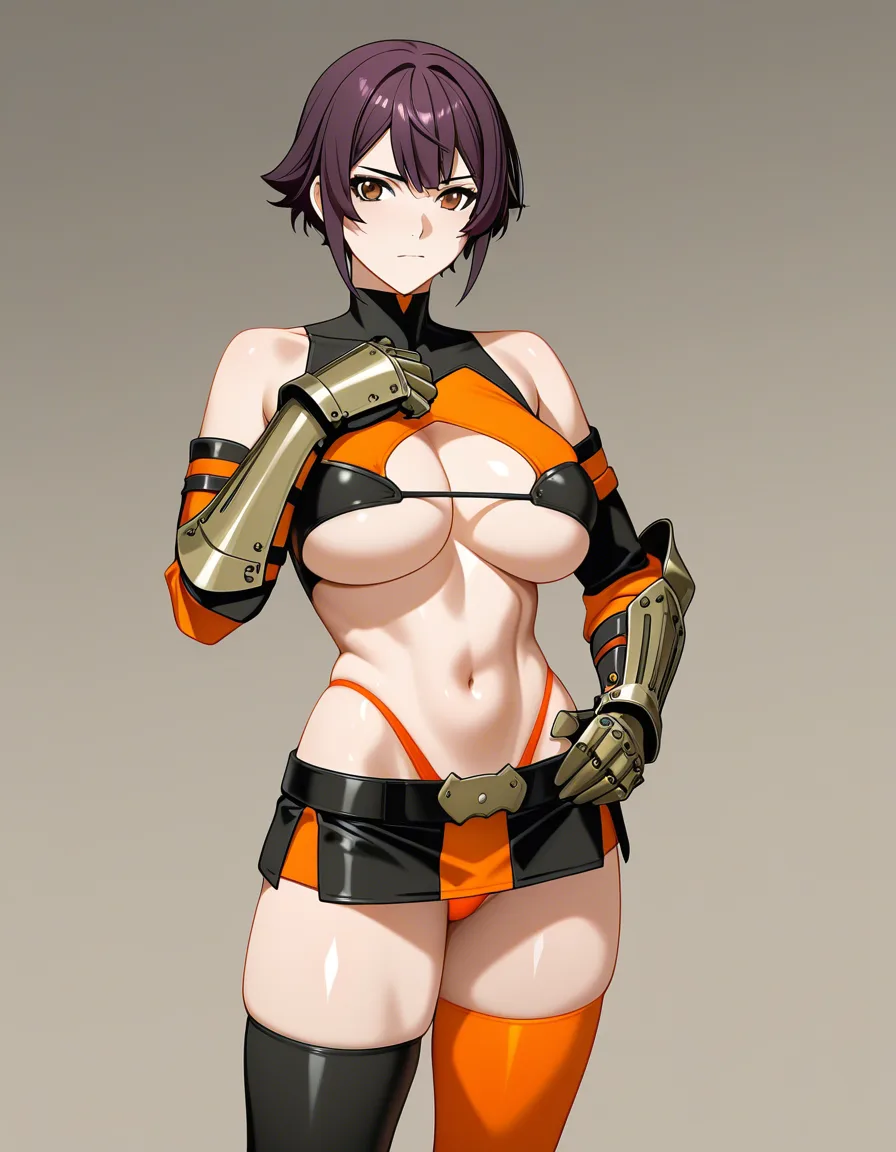 kaede_onimusha female ninja orange_clothes japanese_clothes upper_body_orange_clothes orange_mini_skirt {black_hair side_bangs low_ponytail short_hair }, bare_shoulders bare_thigh, brown_eyes,gauntlet, thighhighs, short_sideburns,, highleg_panties orange_panties, hentai_studio_quality, hentai_studio_quality, hentai_studio_quality, hentai_studio_quality, hentai_studio_quality, hentai_studio_quality, hentai_studio_quality