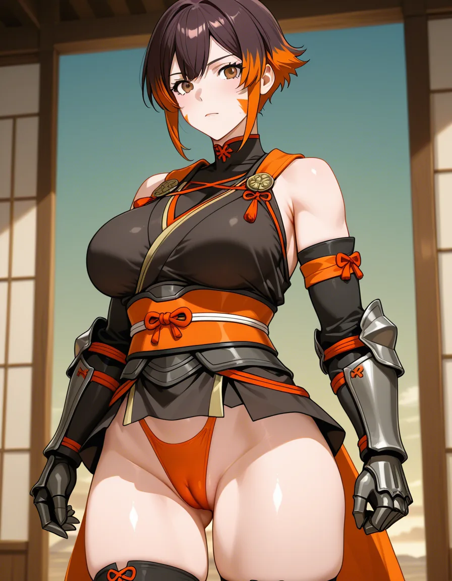 kaede_onimusha  female ninja orange_clothes japanese_clothes upper_body_orange_clothes orange_mini_skirt {black_hair side_bangs low_ponytail short_hair }, bare_shoulders bare_thigh, brown_eyes,gauntlet, thighhighs, short_sideburns,, highleg_panties  orange_panties,,cameltoe, covered_clitris, hentai_studio_quality, hentai_studio_quality, hentai_studio_quality