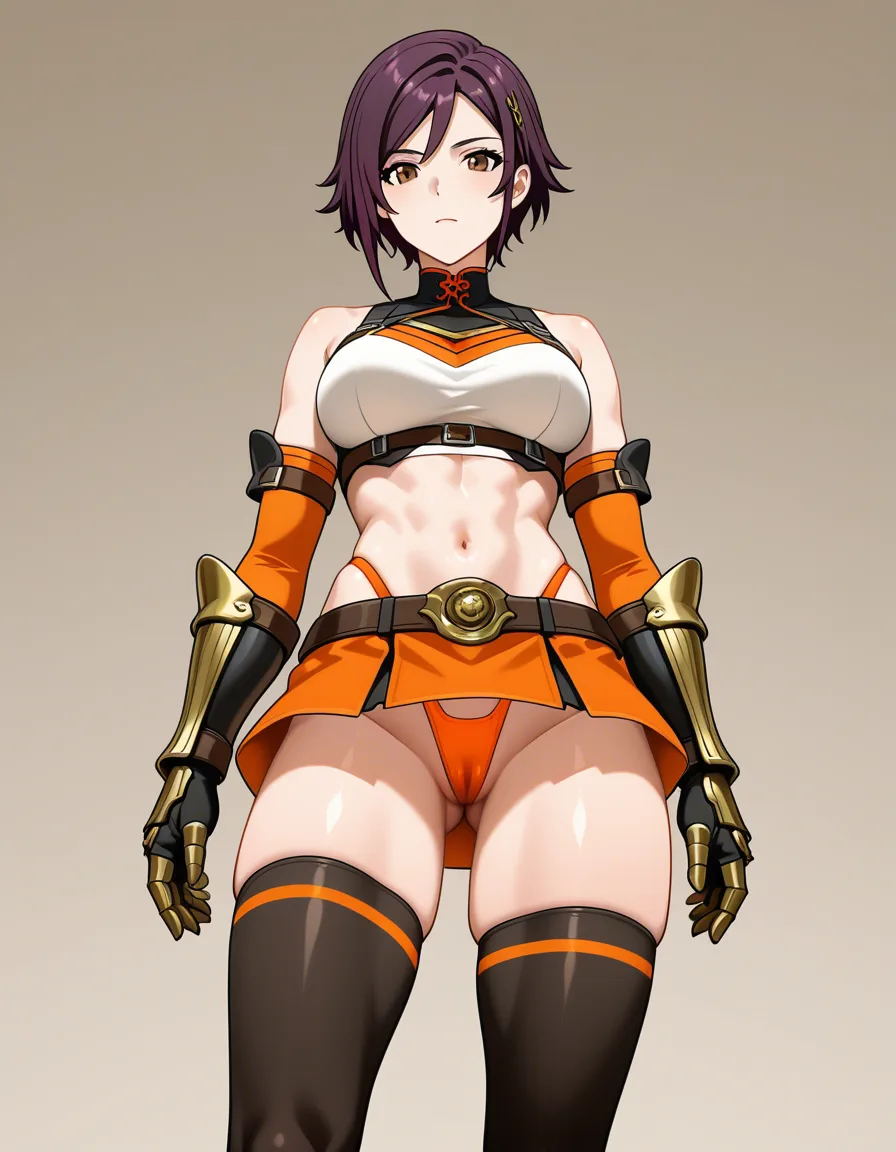 kaede_onimusha  female ninja orange_clothes japanese_clothes upper_body_orange_clothes orange_mini_skirt {black_hair side_bangs low_ponytail short_hair }, bare_shoulders bare_thigh, brown_eyes,gauntlet, thighhighs, short_sideburns,, highleg_panties  orange_panties,,, covered_clitris, hentai_studio_quality, hentai_studio_quality, hentai_studio_quality, hentai_studio_quality
