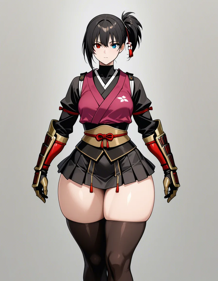 akane_onimusha_dawn_of_dreams female samurai cherry_pink_vest japanese_clothes (mini_skirt) black_hair (((left_side_ponytail)))bare_thigh, ,gauntlet, thighhighs,, small_breasts upper_body_black_inner, thick_thighs, curvy (height_150cm),, heterochromia_red_brown, hentai_studio_quality