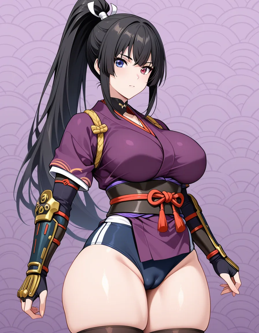female_yagyu_onimusha 1girl cherry_pink_vest japanese_clothes black_hair  (((ponytail))) bare_thigh,  ,gauntlet, thighhighs,,  upper_body_dark_purple_inner, thick_thighs, heterochromia, buruma , cameltoe hentai_studio_quality, hentai_studio_quality, hentai_studio_quality, hentai_studio_quality