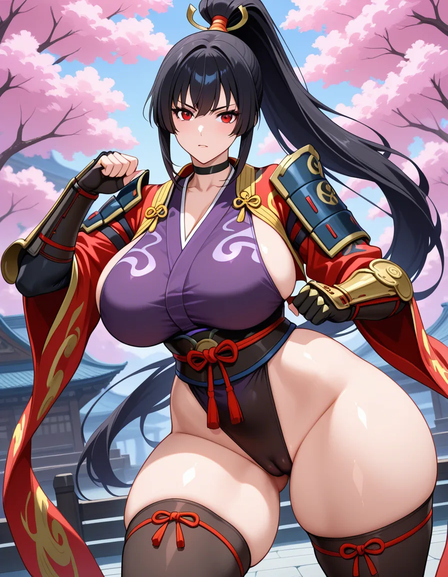 female_yagyu_onimusha 1girl cherry_pink_vest japanese_clothes black_hair (((ponytail))) bare_thigh, ,gauntlet, thighhighs,, upper_body_dark_purple_inner, thick_thighs, red_eyes , cameltoe purple, curvy, hentai_studio_quality, hentai_studio_quality