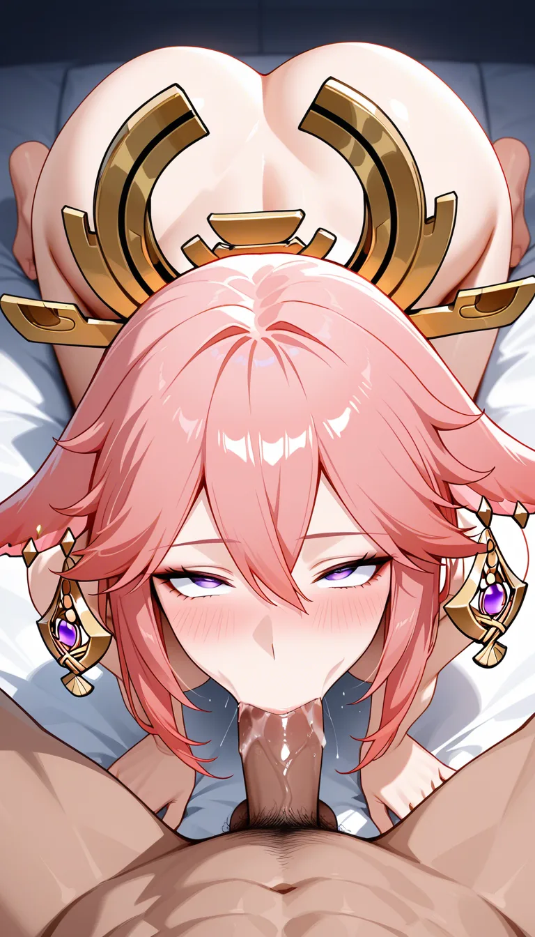 @yae_miko /masterpiece feet nude full_body kneeling ahegao saliva moaning happy blush from_above fellatio, hentai_studio_quality