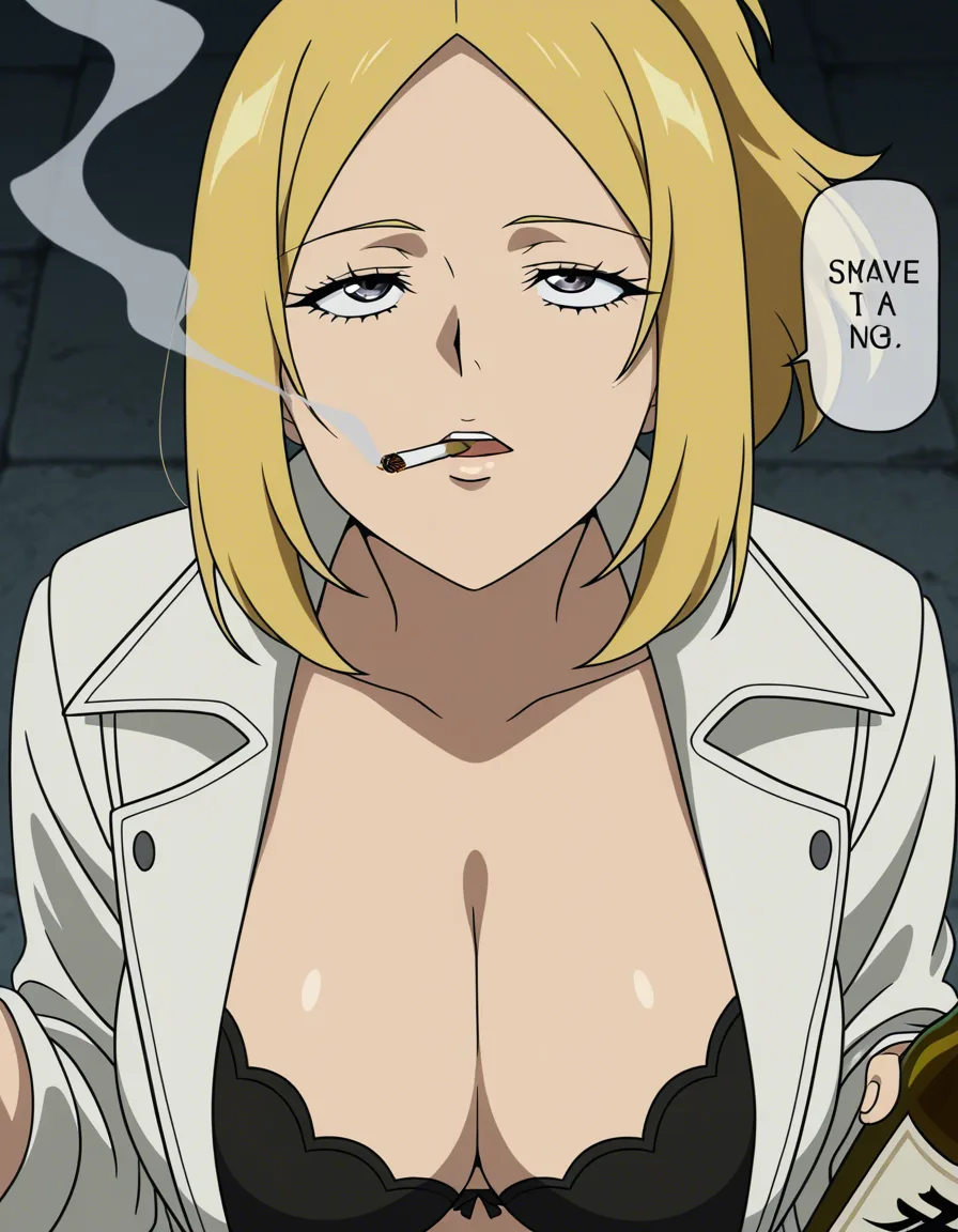 from_above A heavily pregnant fake long blonde hair in a ponytail. brittish trashy poor woman in the streets looking up, in a very slutty fluffy brown and white coat, with a small black bra on large_breasts. Long fake black eyelashes. Shes holding onto a bottle of alcohol and smoking a cigarette. theres a speech bubble from her mouth saying "im preggy", (anime style:1.3), 2d, anime screencap, cel shading, flat color, @00osamio00