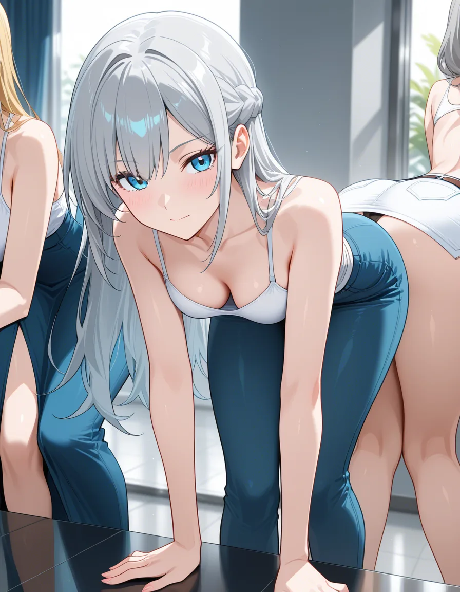 best quality, polished, 3girls, bent over, petite adult woman, grey hair, vivid anime colors, hentai_studio_quality