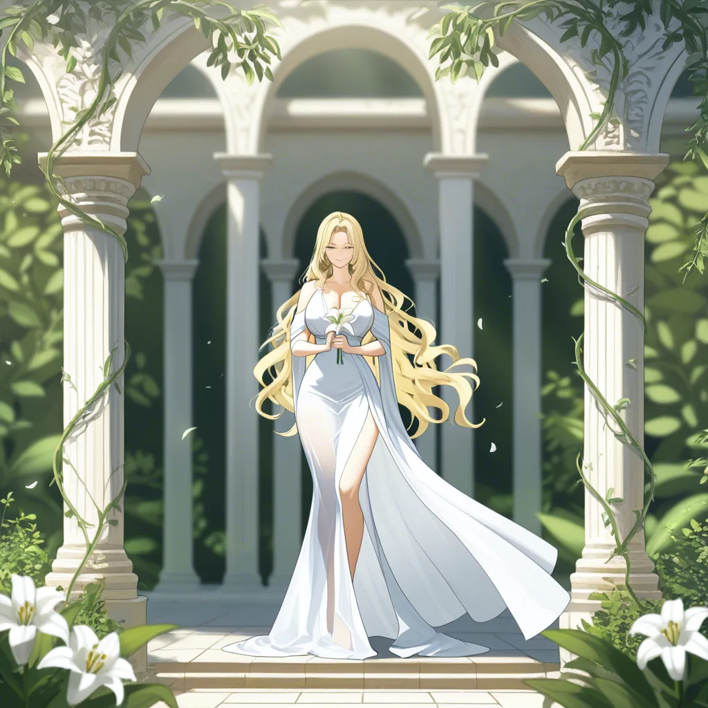 masterpiece, best quality, ultra-detailed, 8k uhd, anime style, 1girl, mature female, milf, beautiful detailed face, seductive smile, half-closed eyes, long blonde hair, wavy hair, hair flowing in wind, standing, full body, white dress, greek goddess dress, flowing white gown, toga, see-through silhouette, holding flower, white lily, lily stems in both hands, elegant pose, marble pergola, ancient greek architecture, white columns, winding branches, lily leaves, garden background, soft lighting, cinematic composition, depth of field, detailed background, ethereal atmosphere IONEDSENUTSTINGERSERSTRATIONCIVESONGIESPEDIONSTEADIFIRMAGOGWARSA, hentai_studio_quality