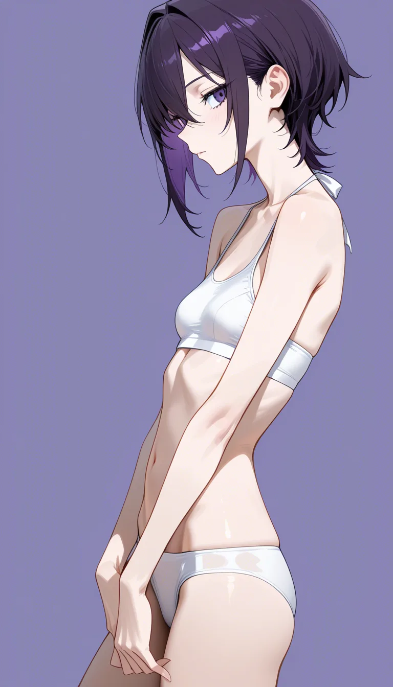 Girl , small breasts , short dark violet hair , skinny , white swimming thongs , white swimming top ,, hentai_studio_quality