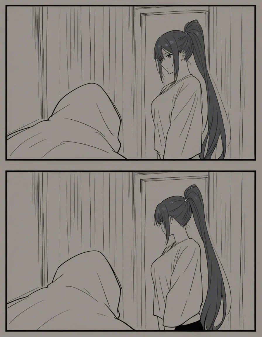 A three panel manga where a busty and tall ponytail girl invites her short size male chilhood friend to her room, there he founds out her porno magazine and after she fakes shyness she starts to seduce him., hentai_studio_quality