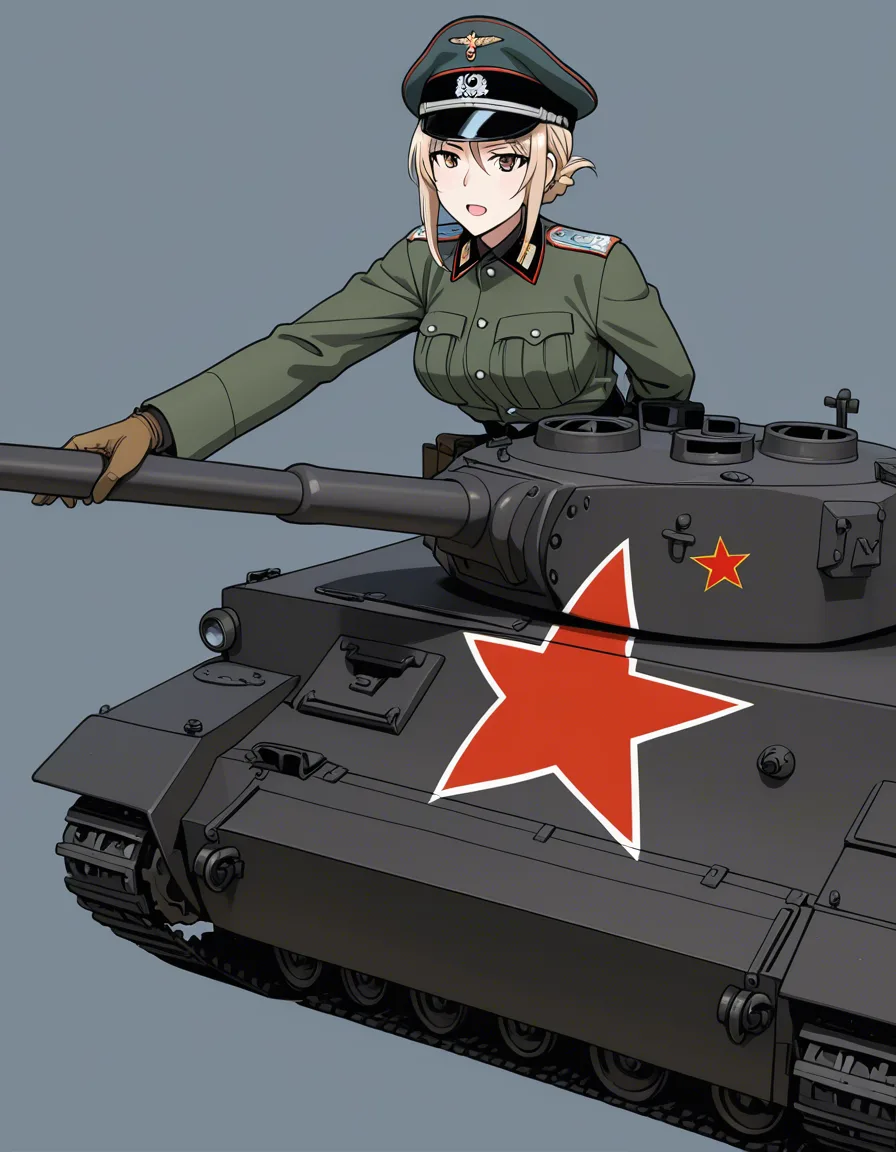 A slavic male with a peaked_cap that have a red star symbol and wearing soviet officer clothes having anal sex with a german woman that wehrmacht officer clothes near Panzer IV tank, hentai_studio_quality