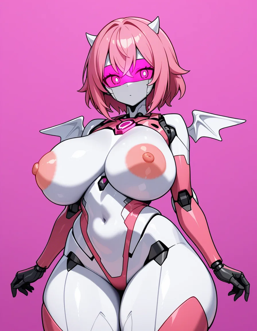 robot_girl, pink body, large_breasts, large_areolae, pink_eyes, screen face, pink_hair, pink eyes, small horns, small wings, thick_thighs,, hentai_studio_quality