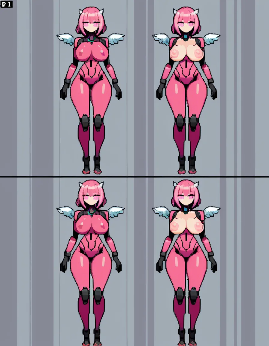 robot_girl, pink body, large_breasts, large_areolae, pink_eyes, screen face, pink_hair, pink eyes, small horns, small wings, thick_thighs, pixel_art, hentai_studio_quality