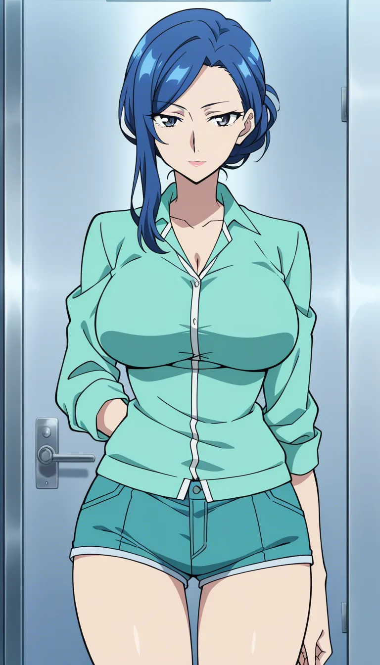 masterpiece, finely detailed, milf, hair pull, lips, shorts, vivid colors