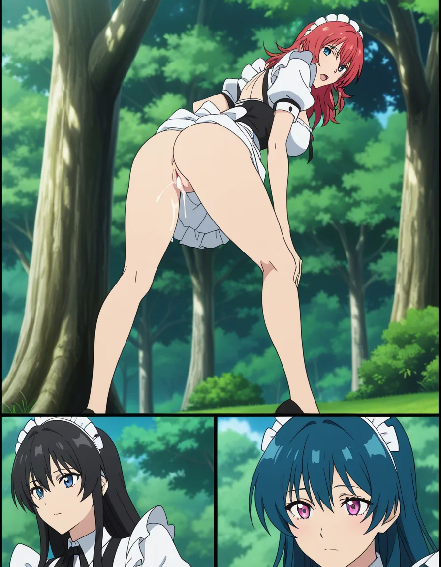 best quality, explicit detail, multiple girls, legs, puffy sleeves, creampie, tree, manga panel look, (anime style:1.3), 2d, anime screencap, cel shading, flat color